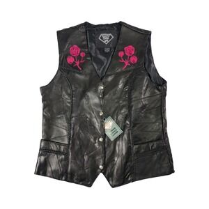 Diamond Plate Genuine Buffalo Leather Rose Embroidered Biker Vest XL